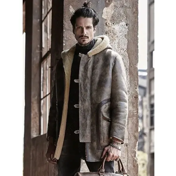 Sheepskin Coat Long Leather Jacket Hooded Fur Coat Mens Winter Coat