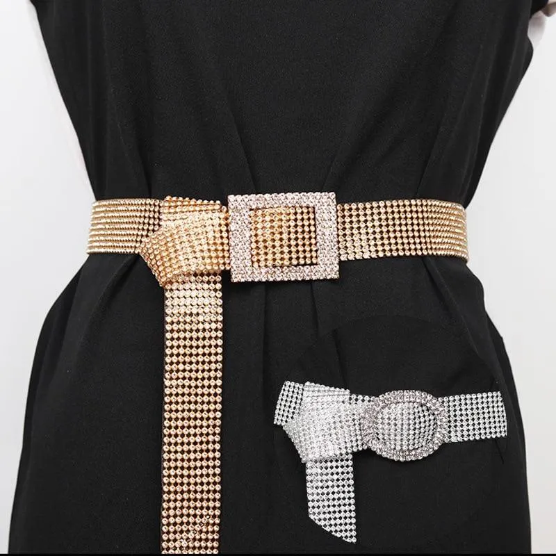 Shiny Rhinestone Waist Belt Gold Silver Buckle Patchwork Adjustable Waistband Chic Streetwear Lady Jewelry Waist Belts