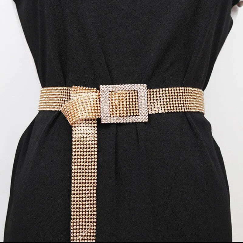 Shiny Rhinestone Waist Belt Gold Silver Buckle Patchwork Adjustable Waistband Chic Streetwear Lady Jewelry Waist Belts