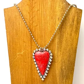 Silver Beaded Necklace With Faux Stone Heart Pendant and AB Crystal Border Accents in Red