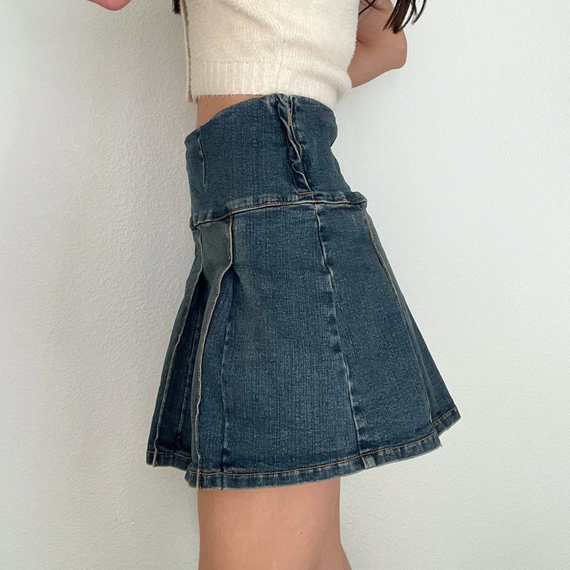 Silver Denim Pleated Mini Skirt