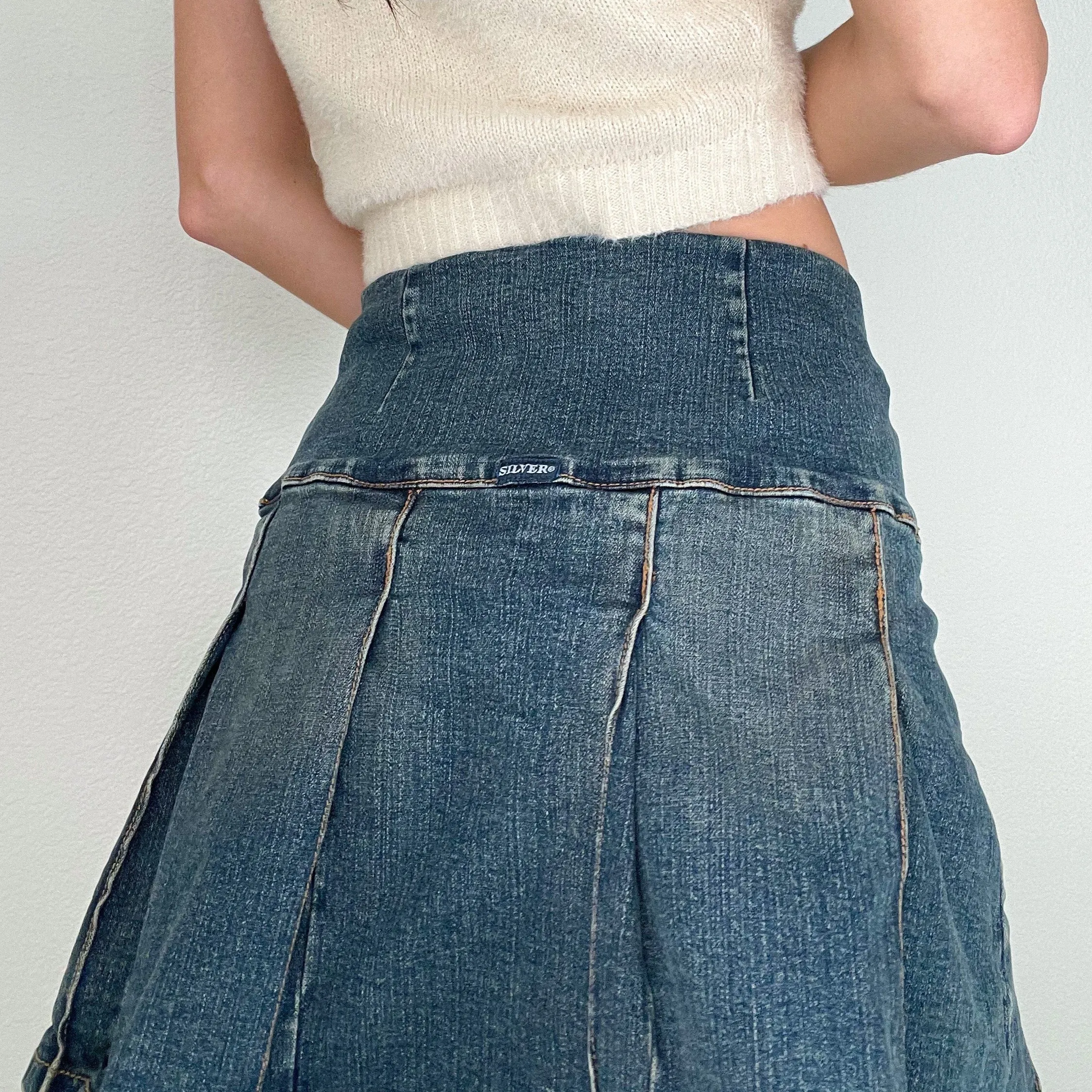 Silver Denim Pleated Mini Skirt