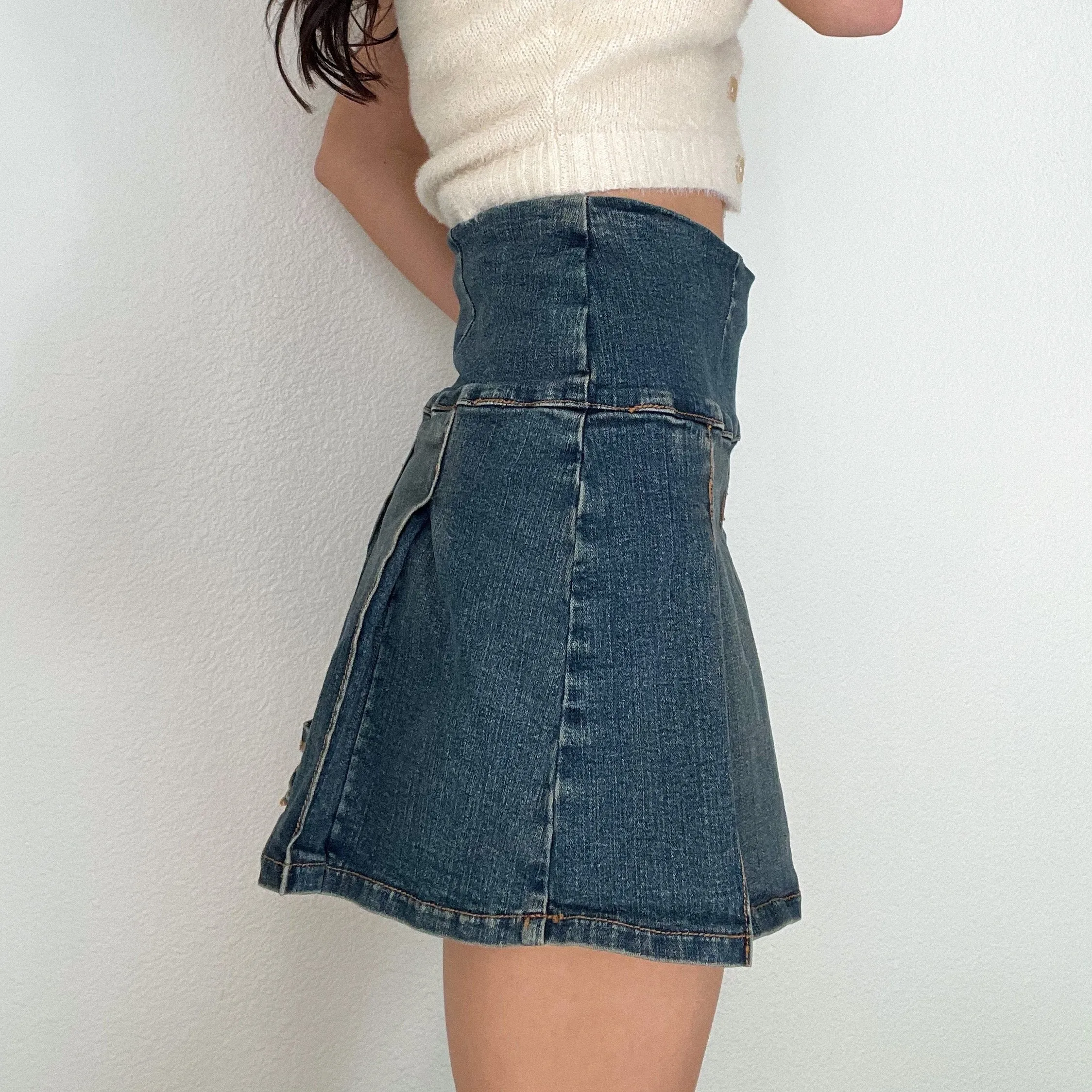 Silver Denim Pleated Mini Skirt