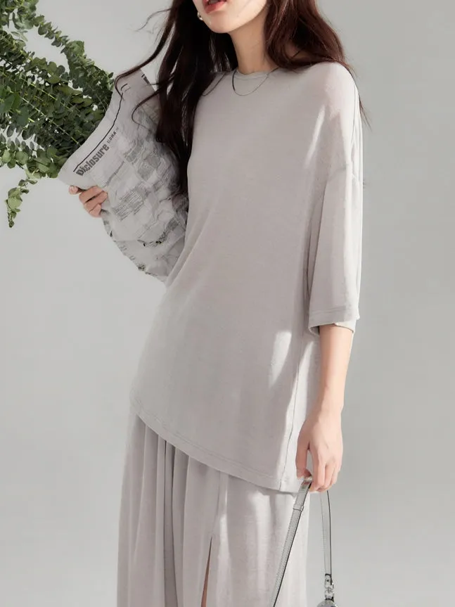 Simple Natural Crew-Neck Plain T-Shirt＆Long-Skirt