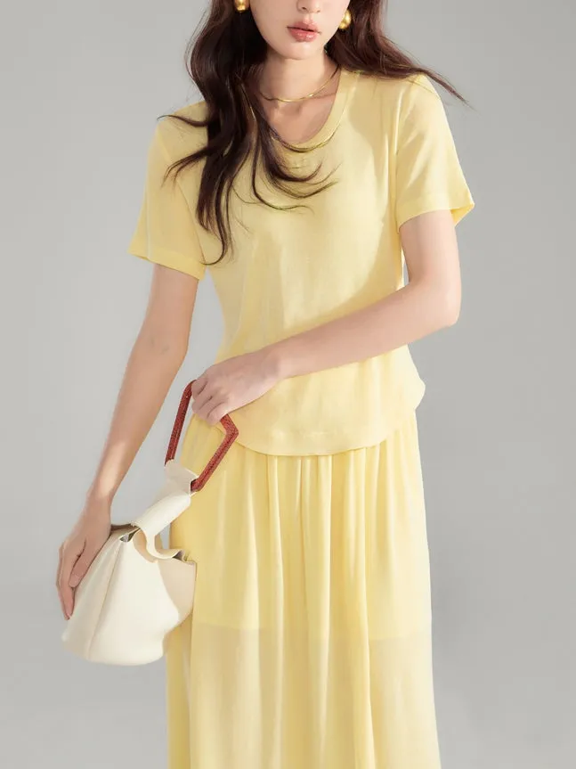 Simple Natural Crew-Neck Plain T-Shirt＆Long-Skirt