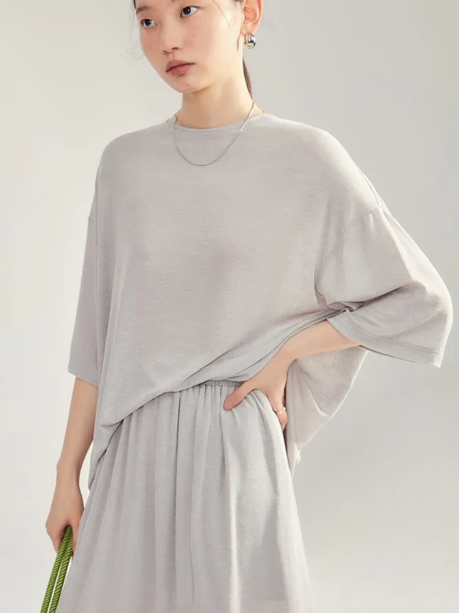 Simple Natural Crew-Neck Plain T-Shirt＆Long-Skirt