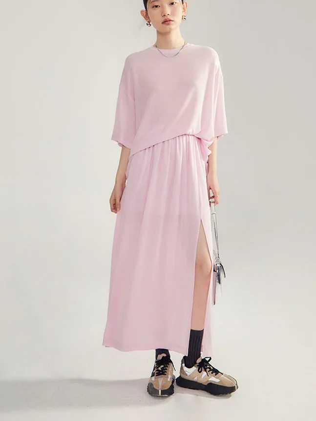 Simple Natural Crew-Neck Plain T-Shirt＆Long-Skirt