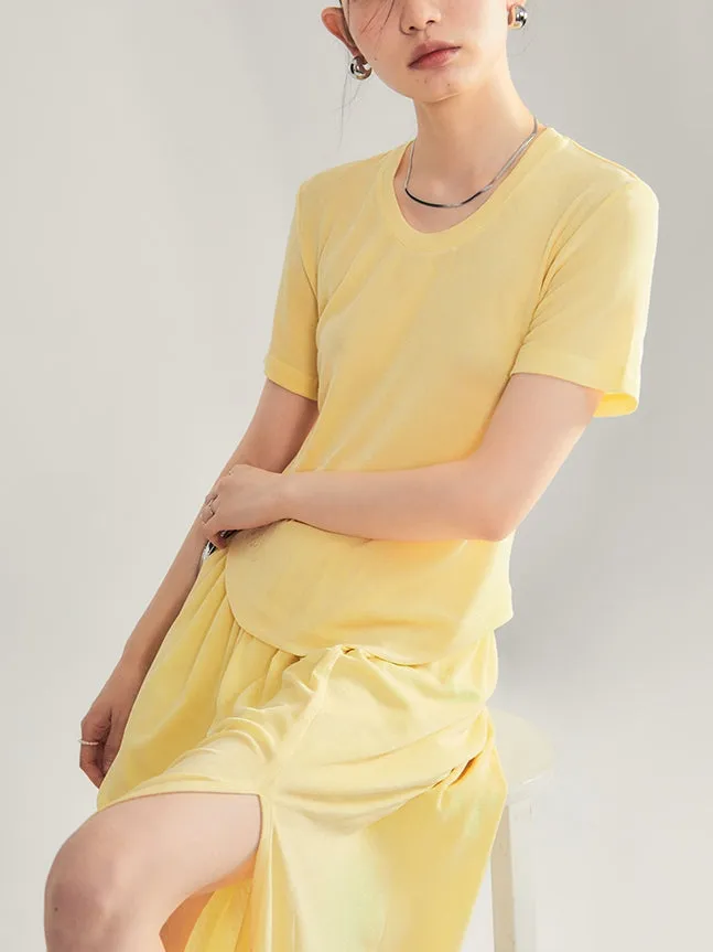 Simple Natural Crew-Neck Plain T-Shirt＆Long-Skirt