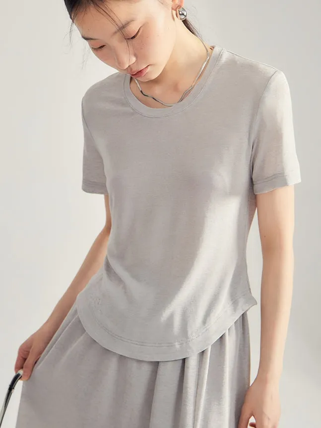 Simple Natural Crew-Neck Plain T-Shirt＆Long-Skirt