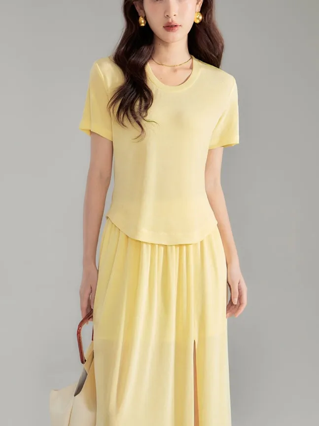 Simple Natural Crew-Neck Plain T-Shirt＆Long-Skirt