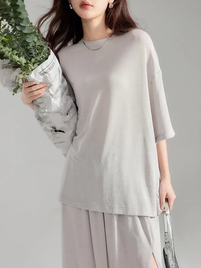 Simple Natural Crew-Neck Plain T-Shirt＆Long-Skirt