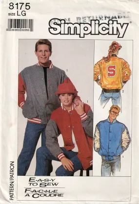 Simplicity 8175 Mens Womens Teens Baseball or Bomber Jacket 1980s Vintage Sewing Pattern Size LARGE UNCUT Factory Folded