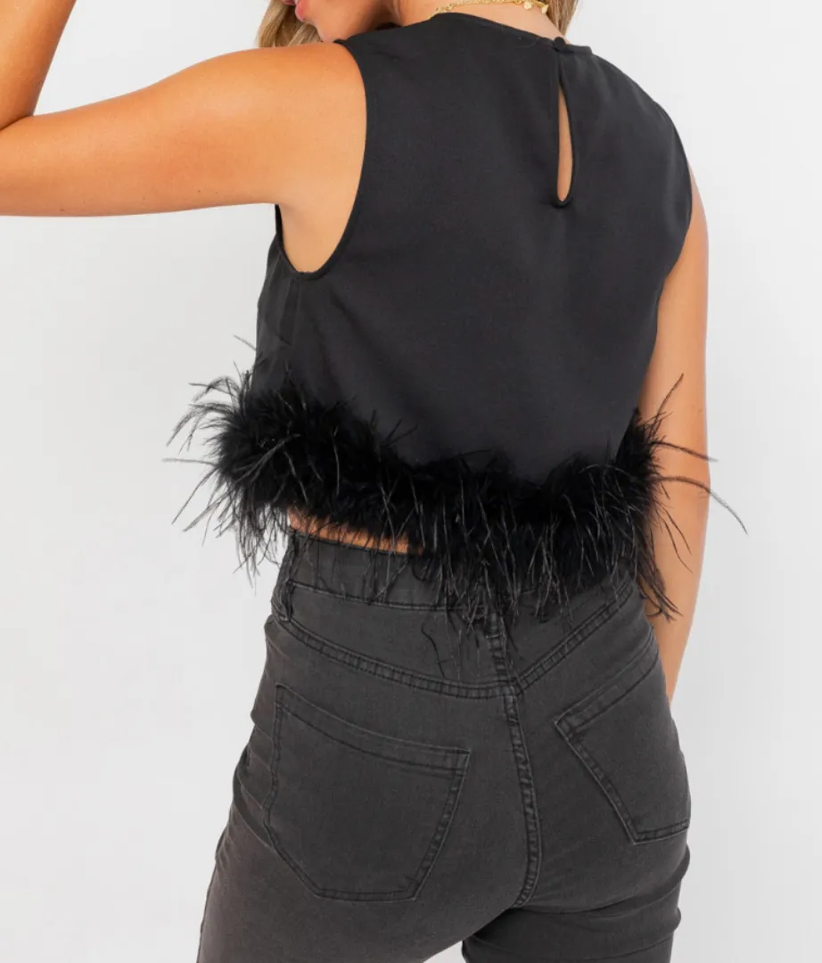 Sleeveless Feather Trim Cropped Top