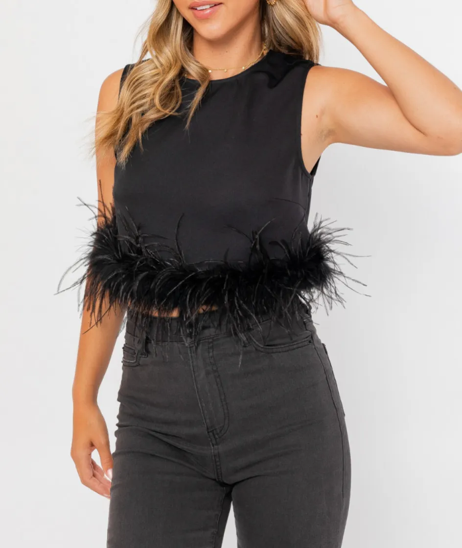 Sleeveless Feather Trim Cropped Top