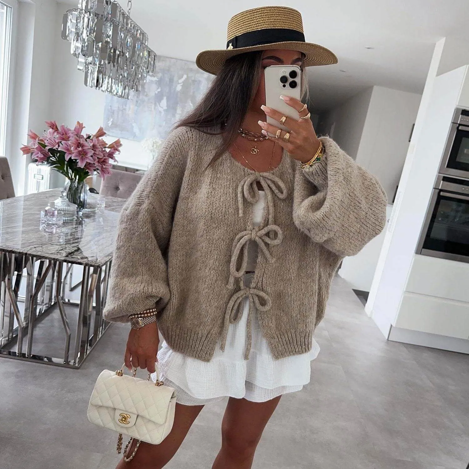 Solid Color Round Neck Tie Knit Cardigan Jacket