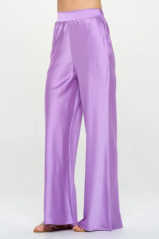 Stretch Satin Pants w/ Elastic Waist and Pockets