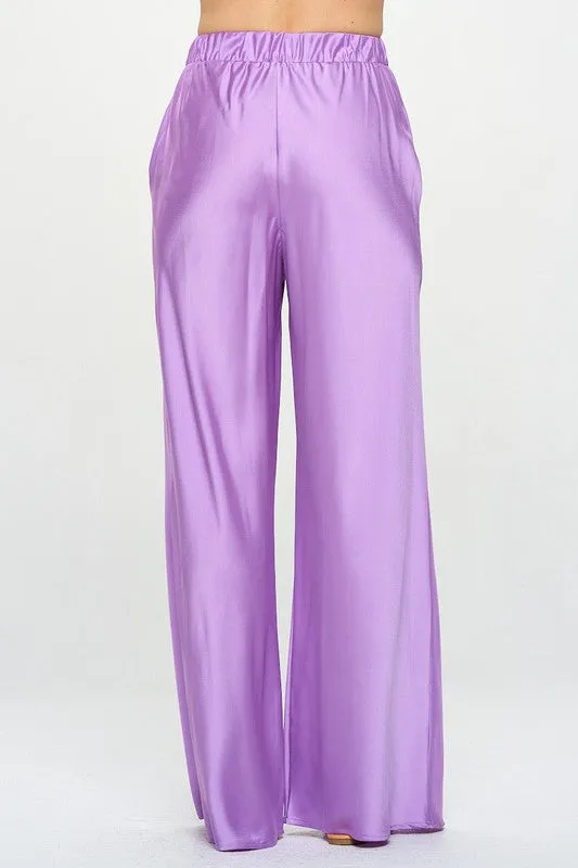 Stretch Satin Pants w/ Elastic Waist and Pockets