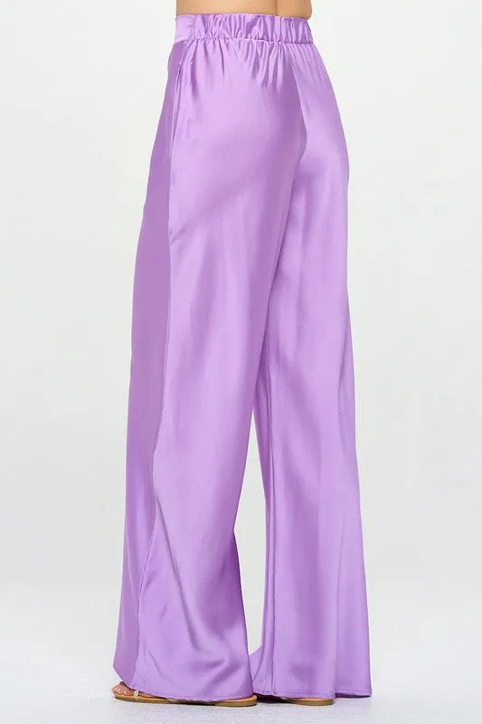 Stretch Satin Pants w/ Elastic Waist and Pockets