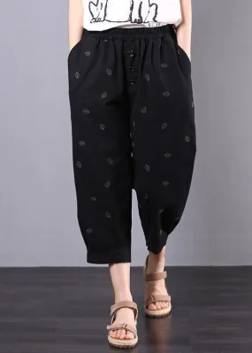 summer new black vintage leaf embroidery seven points elastic waist casual pants