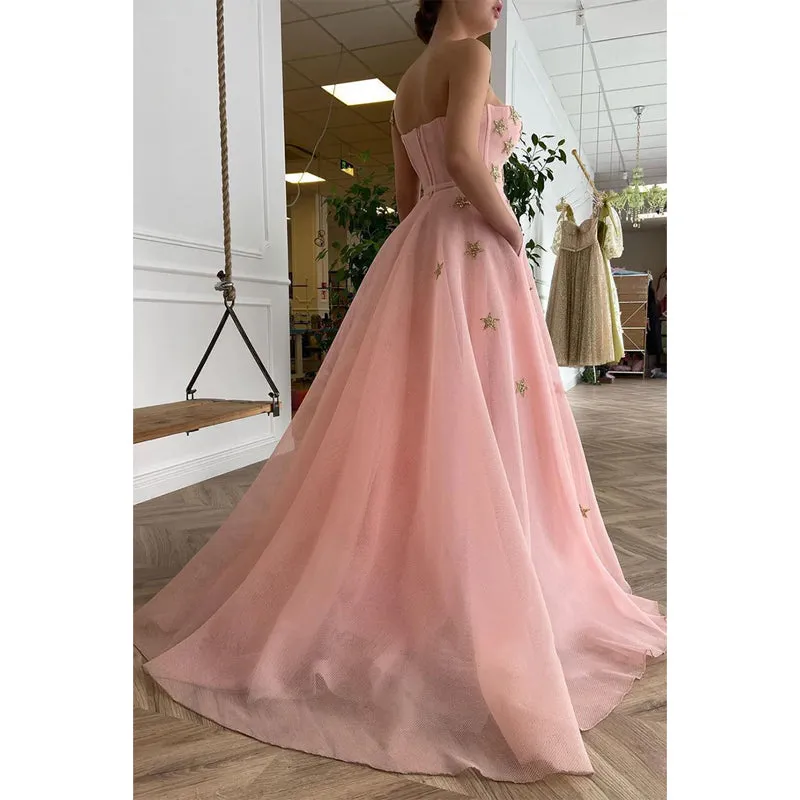 Sweetheart Pink Tulle A-line Prom Dress with Pockets