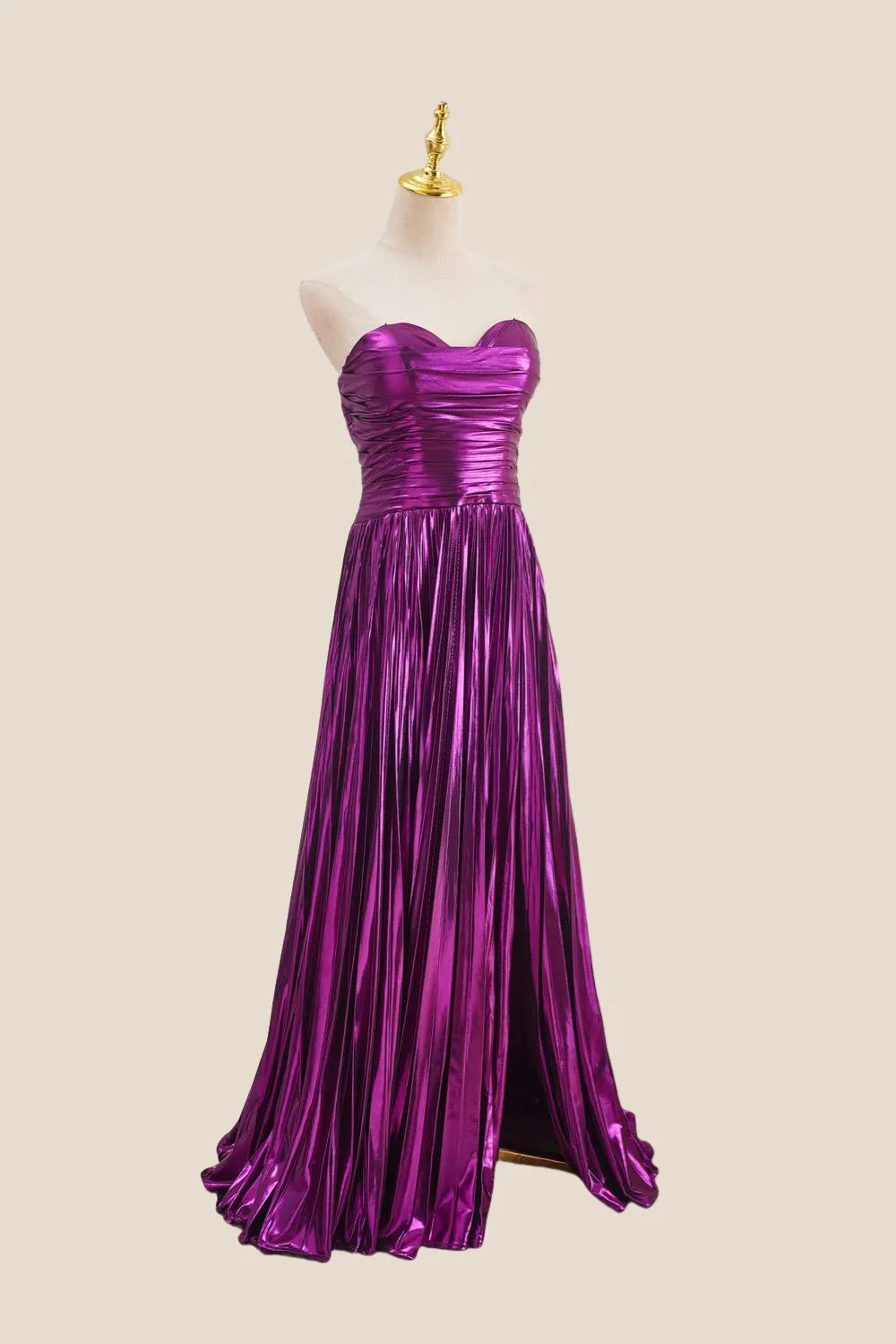 Sweetheart Purple Pleated Metallic Long Dress