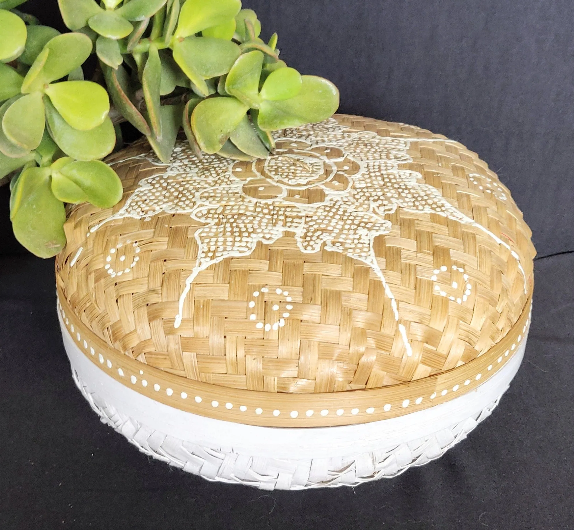 Table Decor - Storage Accessory.Stunning Handcrafted woven bamboo and hand painted box with floral design..