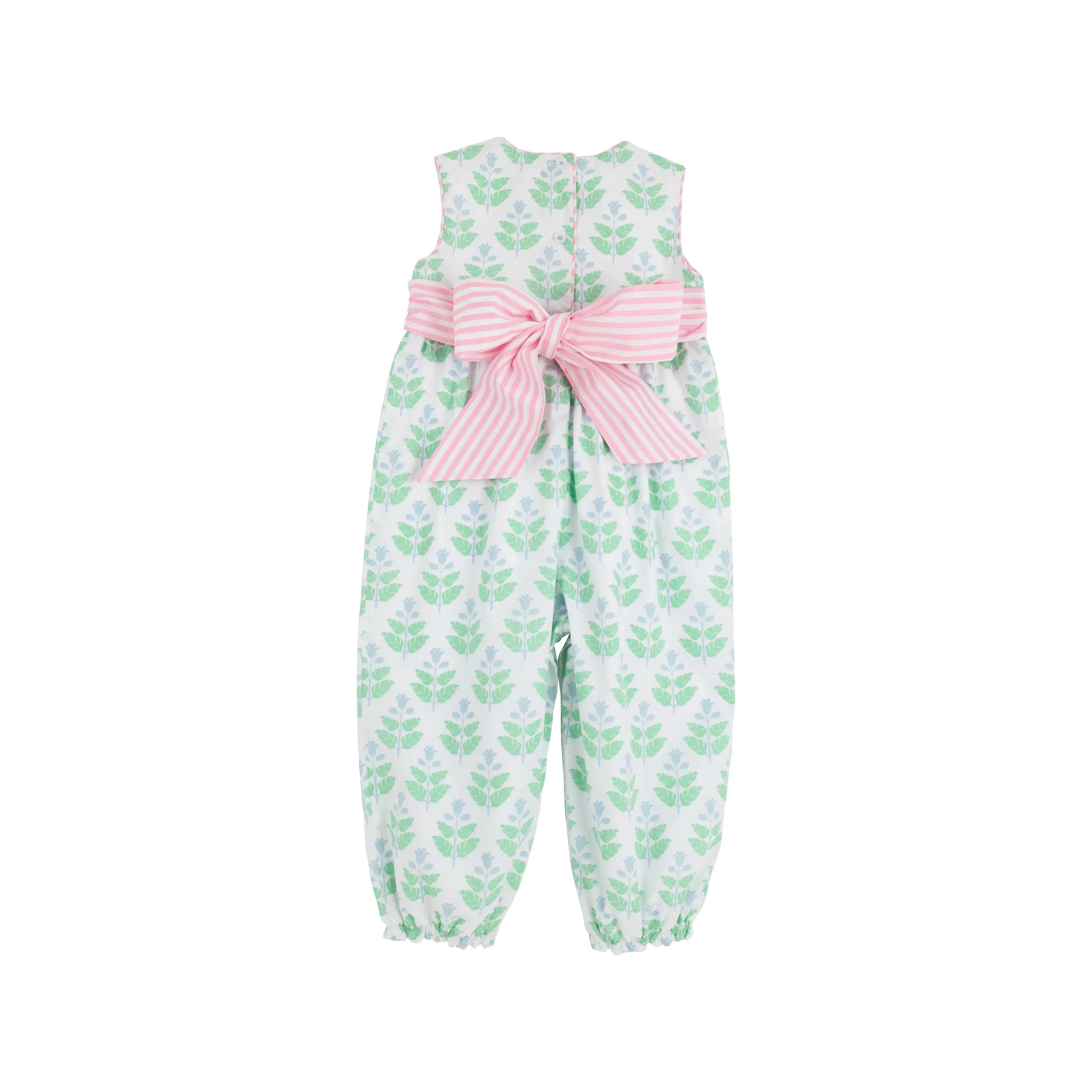 The Beaufort Bonnet Company - Pompano Peach with Palm Beach Pink Stripe & Palm Beach Pink Stork Sleeveless Rebecca Romper