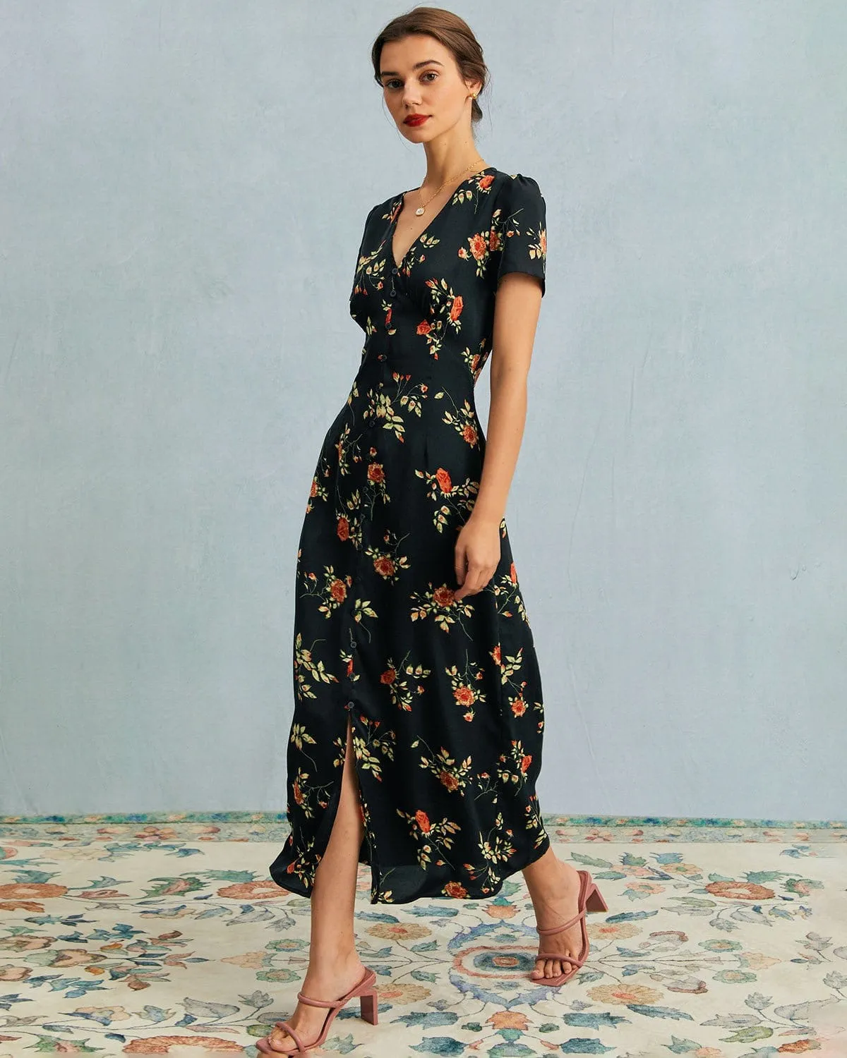 The Black V Neck Floral Short Sleeve Maxi Dress