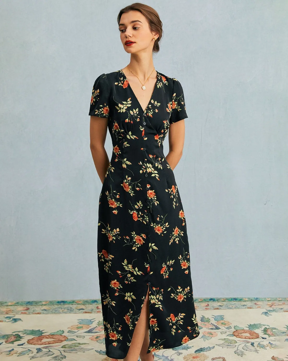 The Black V Neck Floral Short Sleeve Maxi Dress