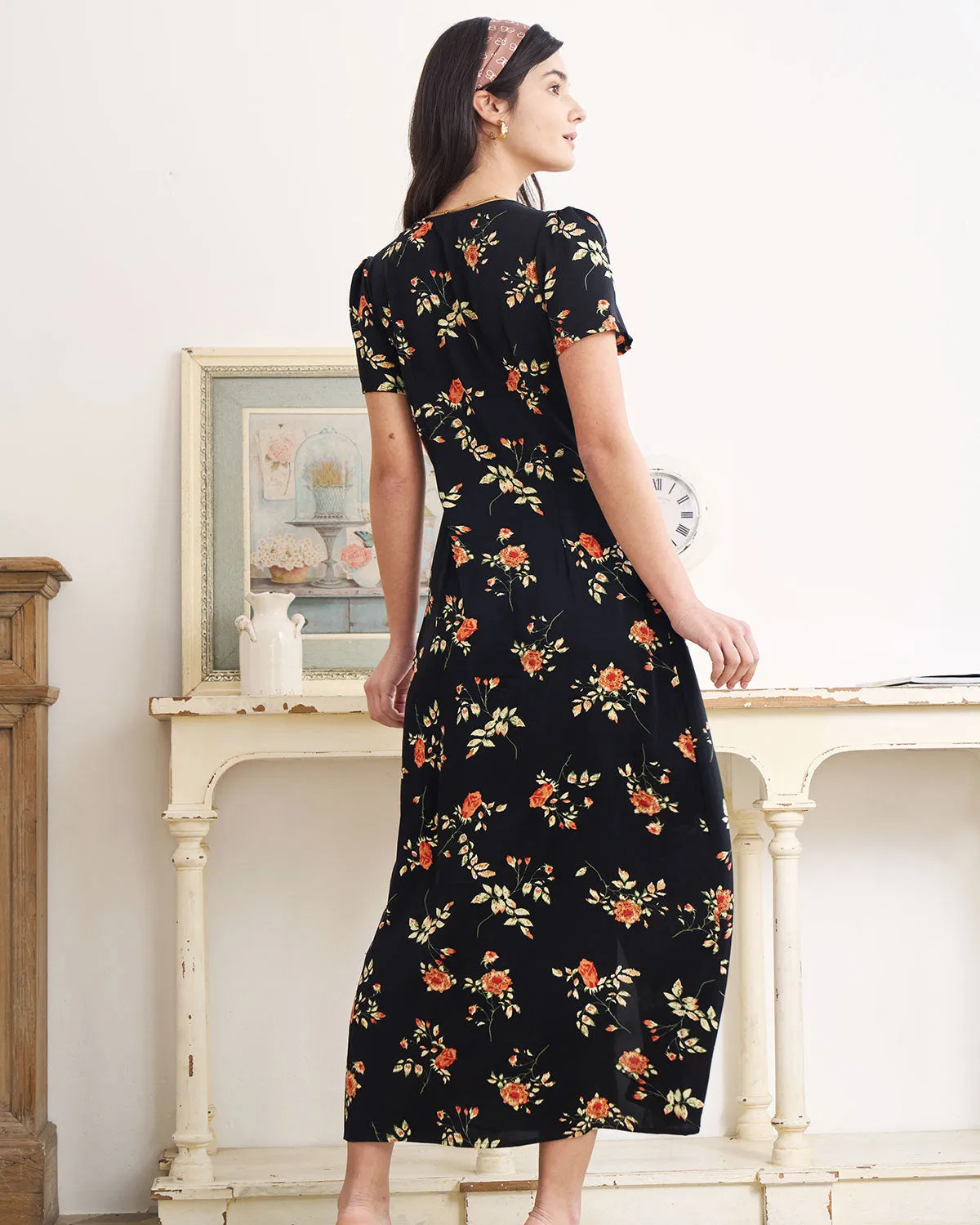 The Black V Neck Floral Short Sleeve Maxi Dress