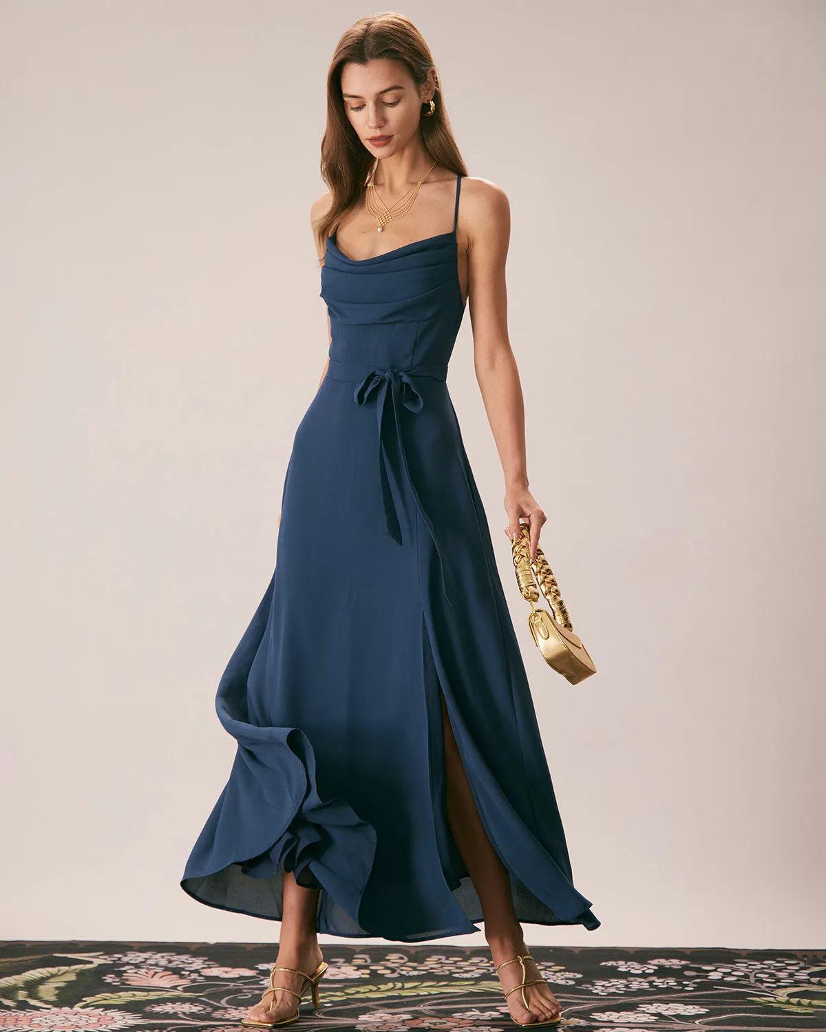 The Navy Cowl Neck Cutout Back Maxi Dress