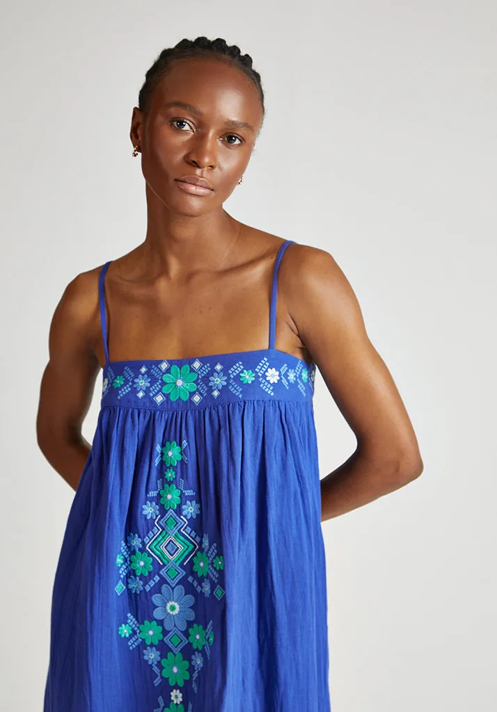 Thea Spaghetti Strap Embroidered Maxi Dress In Blue