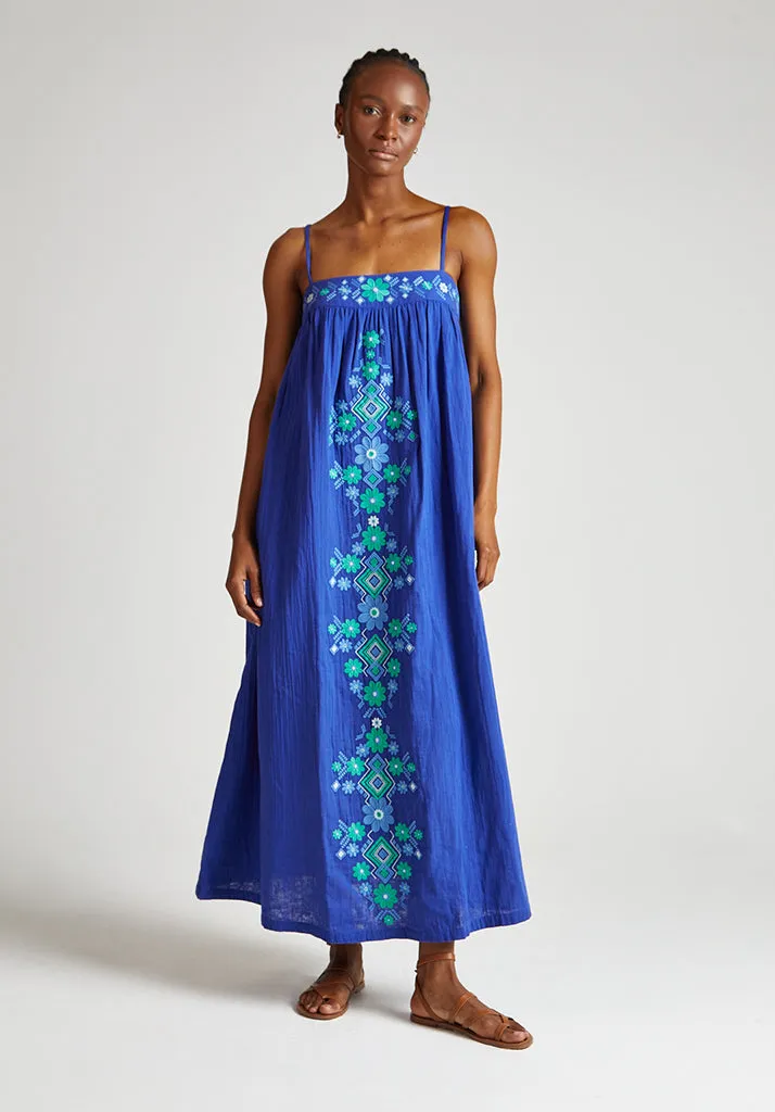 Thea Spaghetti Strap Embroidered Maxi Dress In Blue