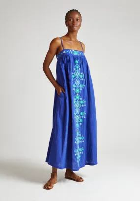 Thea Spaghetti Strap Embroidered Maxi Dress In Blue