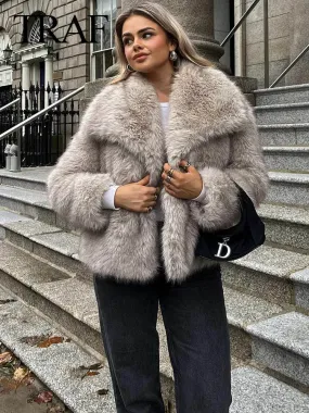 TRAF 2025 Women Fashion Cropped Faux Fur Jacket Coat Long Sleeve Front Snap-button Female Outerwear Chic Lapel Collar Thick Coat