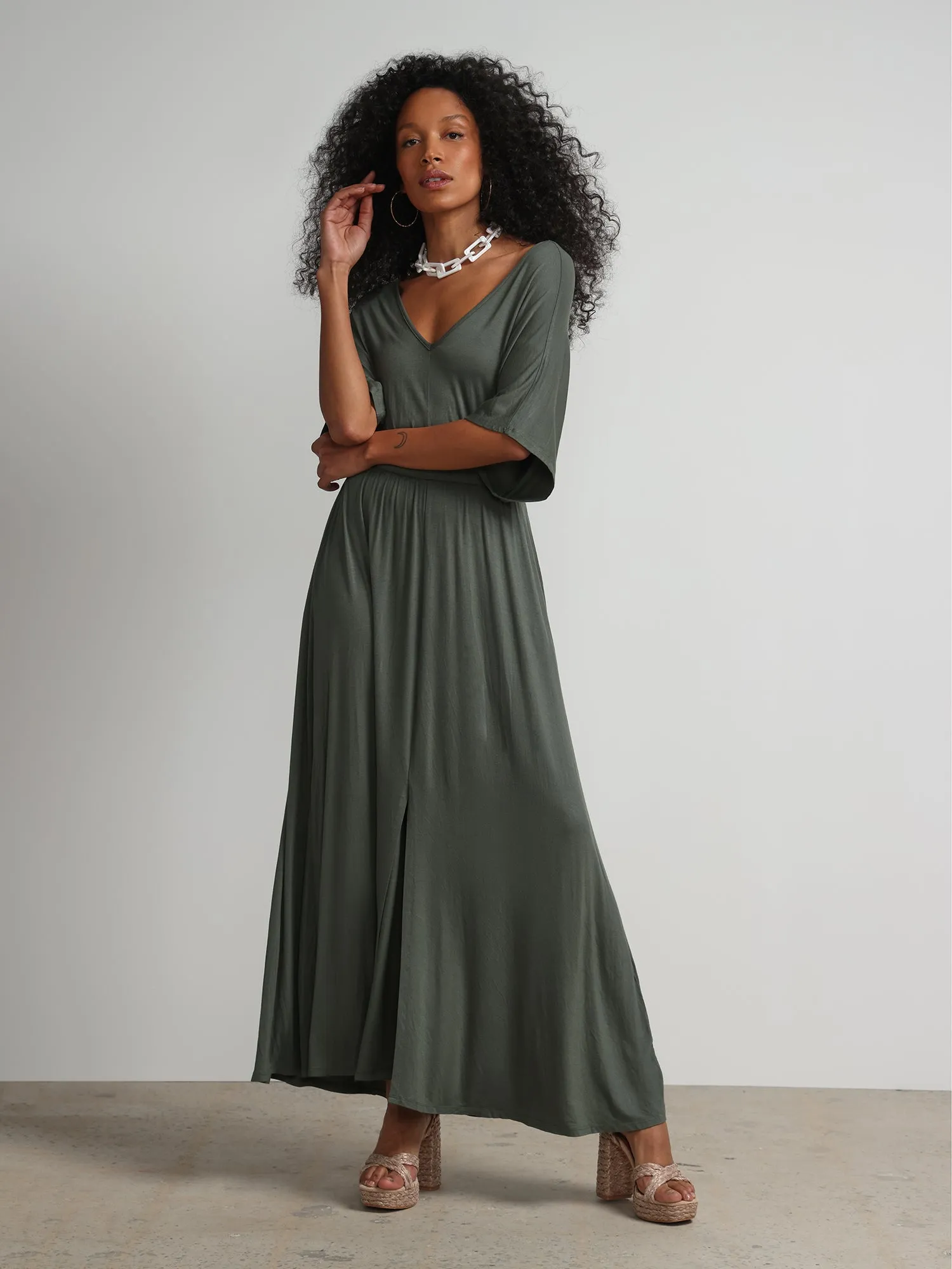 V-Neck Front Slit Maxi Dress