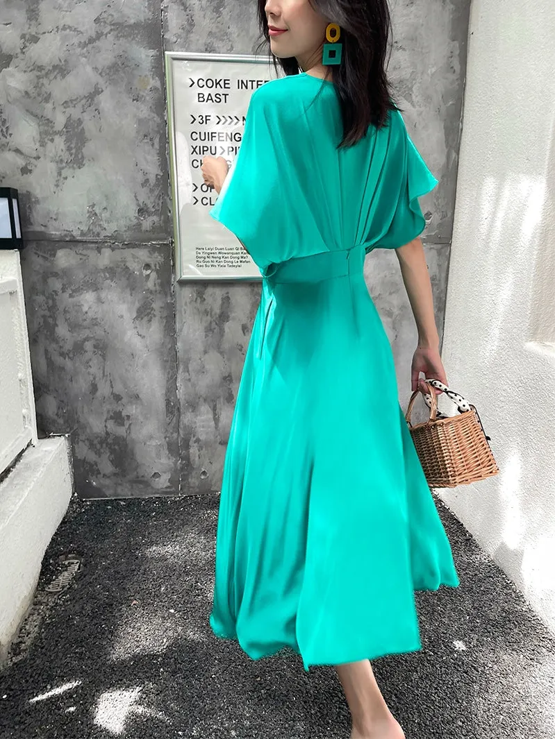 V-neck goddess bat sleeve elegant mid-length A-line large swing green dress - Laura