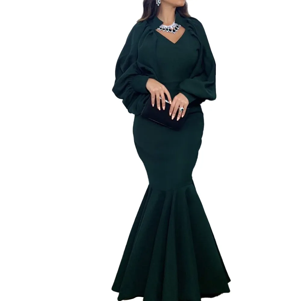 V neck long sleeves midi mermaid dress | African style banquet mermaid dress