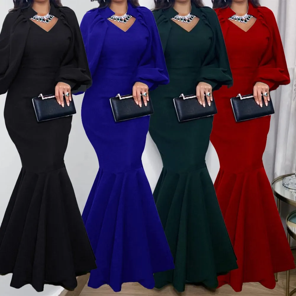 V neck long sleeves midi mermaid dress | African style banquet mermaid dress