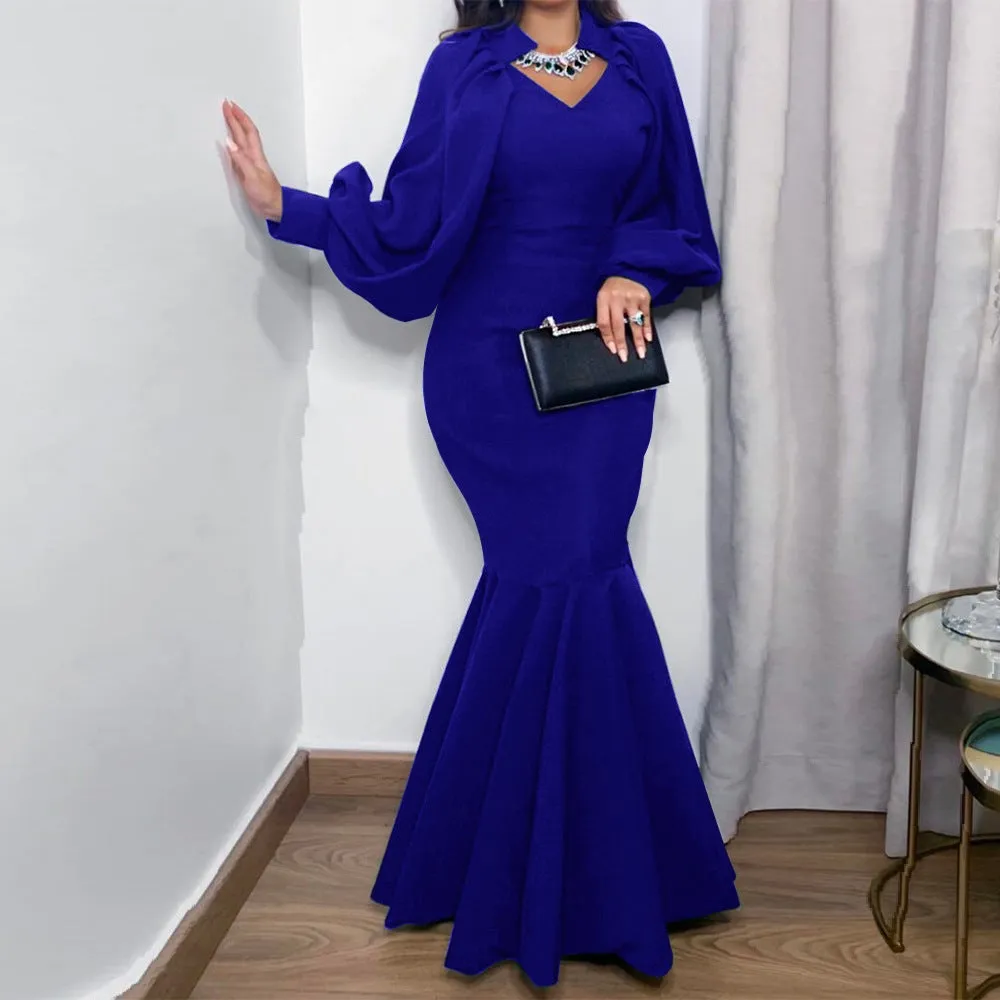 V neck long sleeves midi mermaid dress | African style banquet mermaid dress