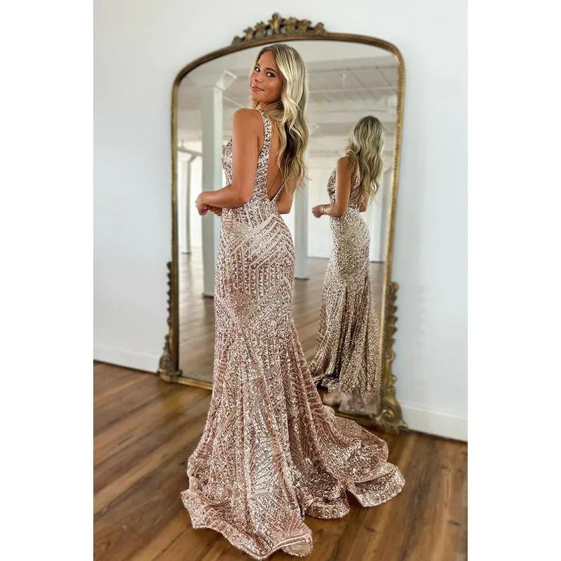 V-Neck Sleeveless Backless Sequined Mermaid Long Prom Evening Dress