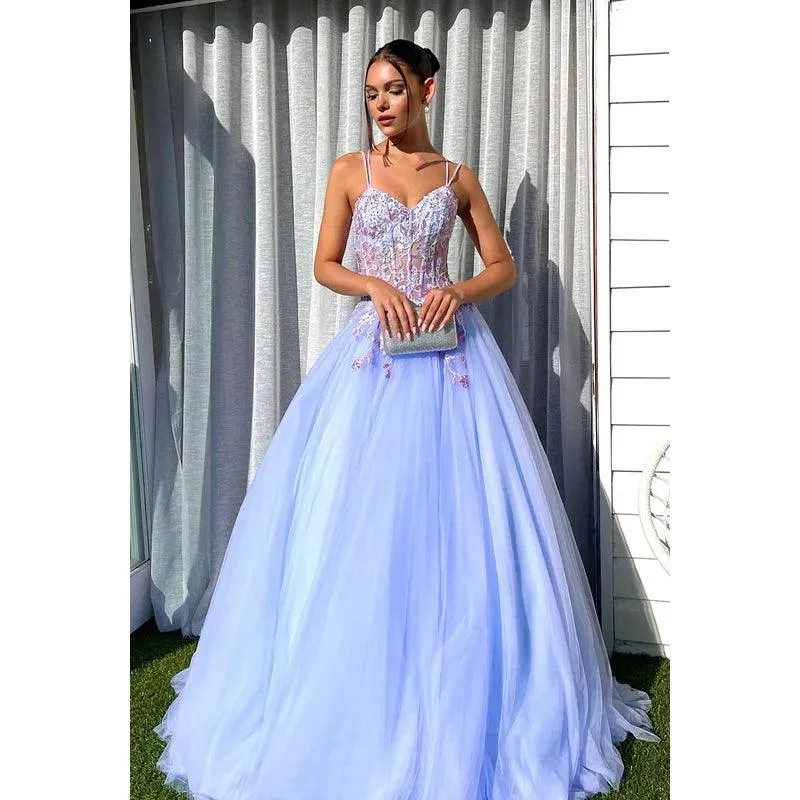 V-Neck Spaghetti Straps Appliqued A-Line Long Prom Gown