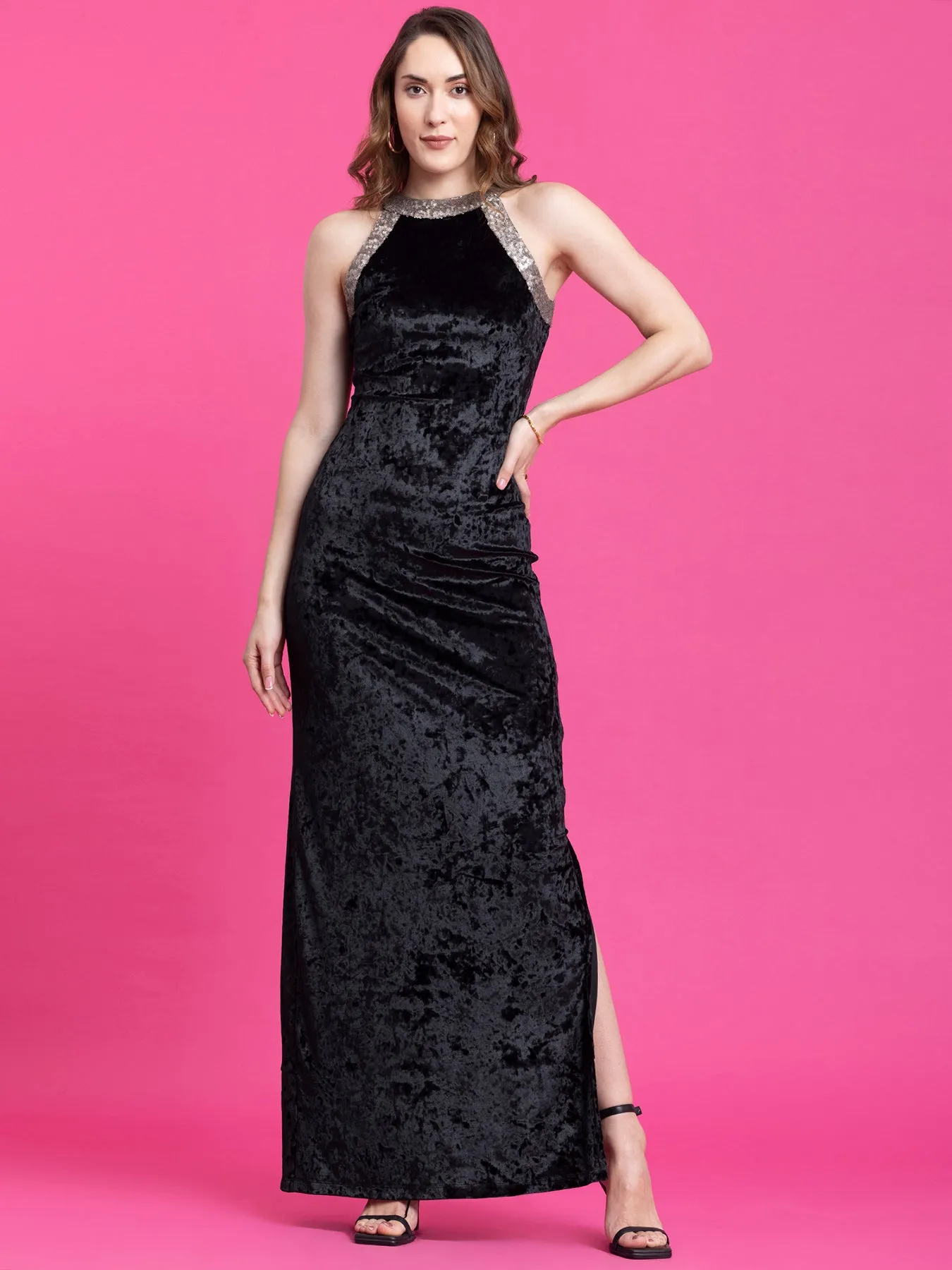 Velvet Maxi A-Line Dress - Black