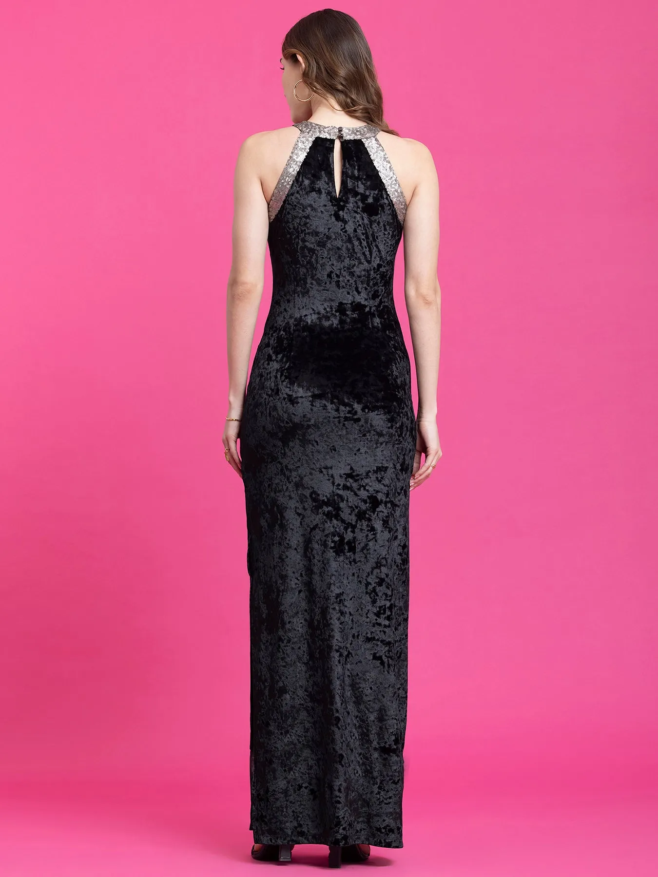 Velvet Maxi A-Line Dress - Black