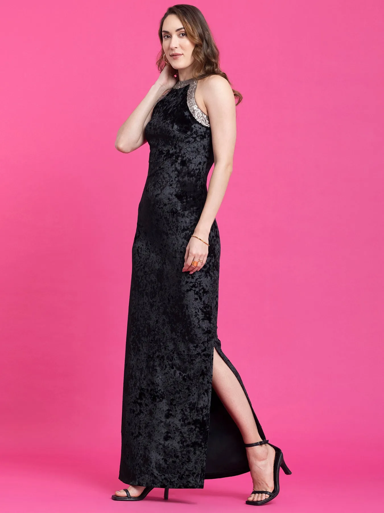 Velvet Maxi A-Line Dress - Black