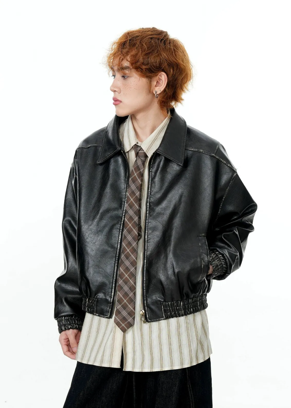 Vintage Faux Leather Cropped Zip Jacket