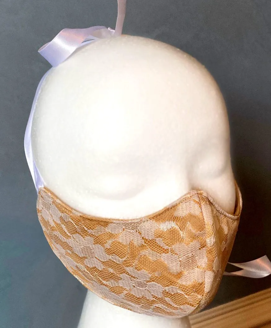 Wedding face cover/cloths face mask, nude satin and white laces outside, cotton inside. Around head ribbon