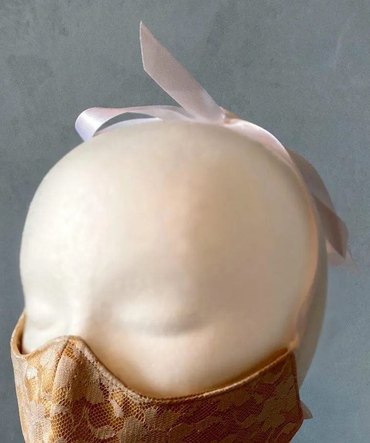 Wedding face cover/cloths face mask, nude satin and white laces outside, cotton inside. Around head ribbon