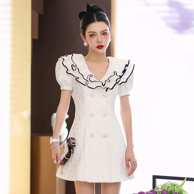 White jacquard double layered collar double breasted high waist dress- Gret