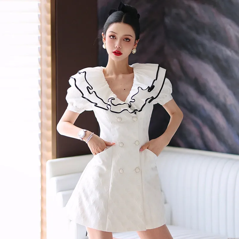 White jacquard double layered collar double breasted high waist dress- Gret